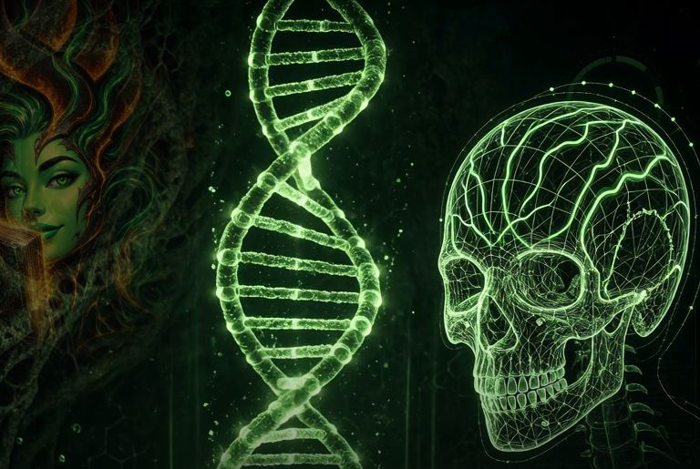 CreateAWar title art: a glowing green DNA helix, a wireframe skull and a mysterious figure